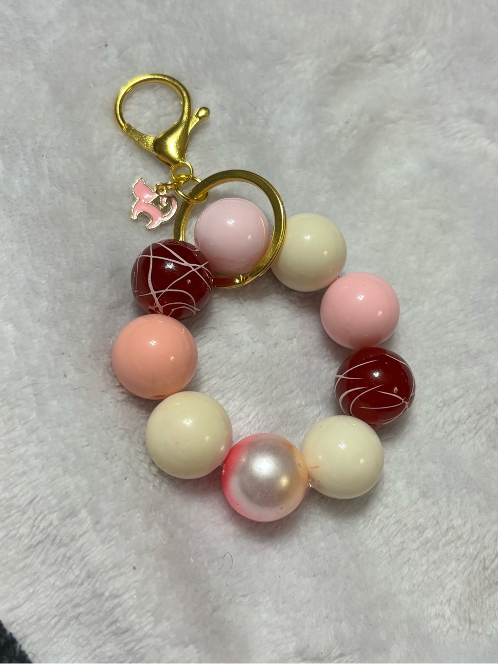 Beaded Keychain and Cat Charm Pink and Gold